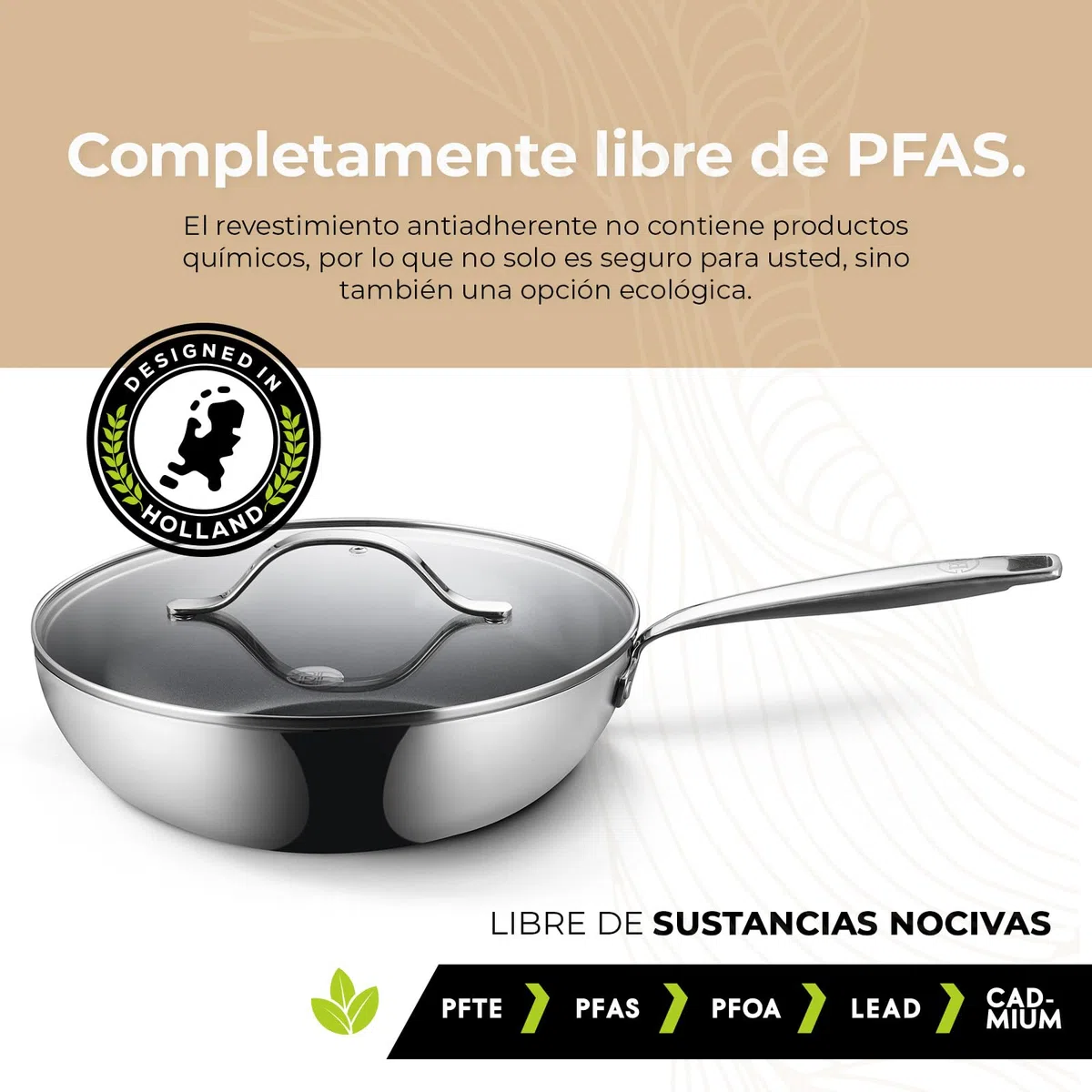 Be Living Sartén wok de acero inoxidable – Ø 28 cm – cerámica – inducción – sin PFAS, antiadherente – sartén con tapa – serie Essential