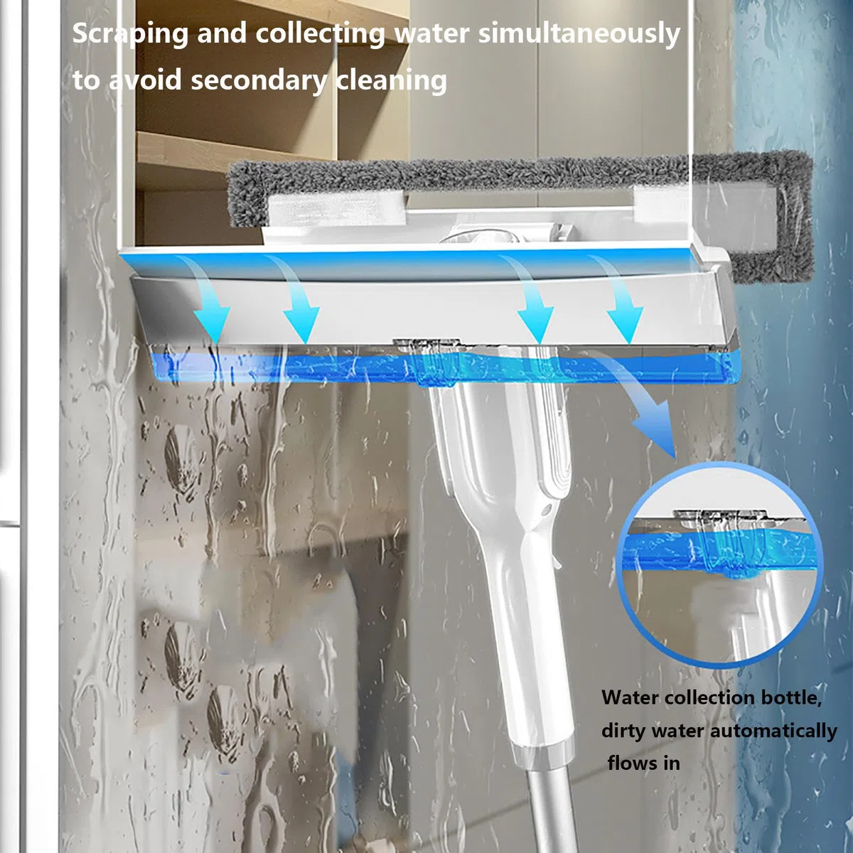 4 en 1 Spray Limpiador De Cristales con Colector De Aguas Residuales Y 3 Paños Microfibra, Limpieza Cristales con Varilla De Extensión para Ventana De Coche De Ducha