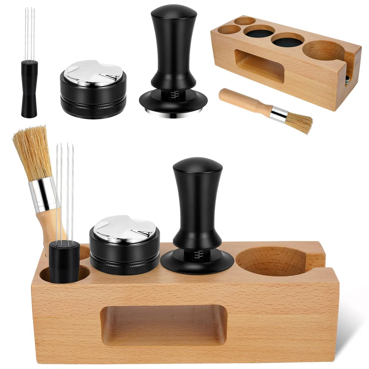 Y-Step 51mm Espresso Tamper Set con Tamper Estación, 5 en 1 Café Accesorios, con Distribuidor de Café Espresso, Agitador de Espresso, Estación de Apisonado, Cepillo de Limpieza de Café