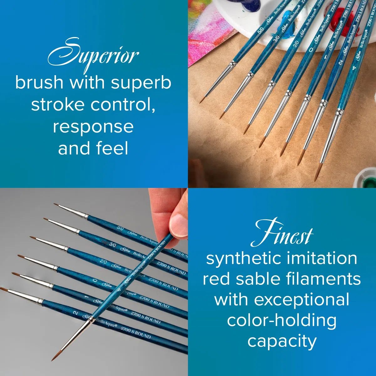 Silver Brush Limited BA-2701S BelleAqua - Juego de 4 pinceles de acuarela para detalles perfectos, profesionales, suaves, sintéticos, rojos, tamaño 5/0, 3/0, 2/0 y 0 pinceles redondos para artista