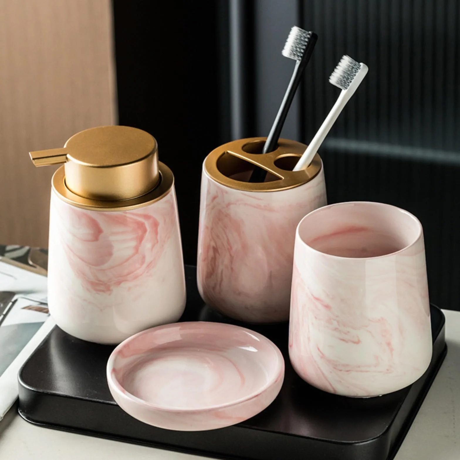 Juego de accesorios de baño de mármol de cerámica, soporte para cepillos de dientes, vaso, jabonera, dispensador, decoración moderna de tocador