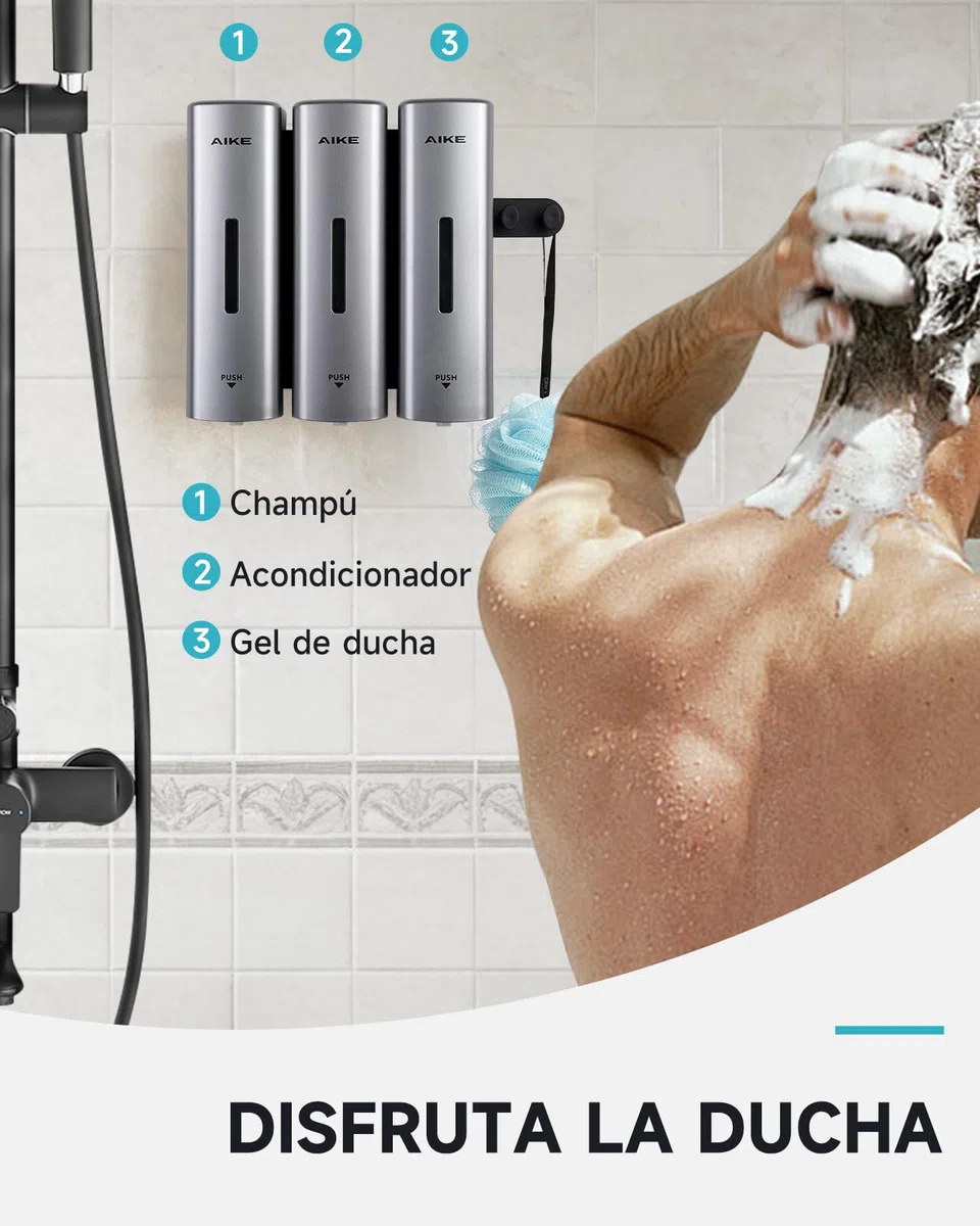 AIKE EasyPush Dispensador De Ducha, Montaje De Pared Sin Taladro para Champú & Acondicionador, Ahorra Espacio, Triple