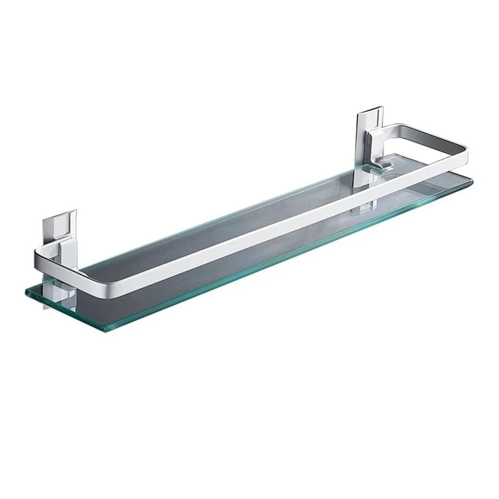 LUUYYI Estante de baño de cristal, estante de ducha de vidrio de 15.7 pulgadas con riel de aluminio, estante de ducha flotante sin taladrar, moderno estante de baño montado en la pared, estantes