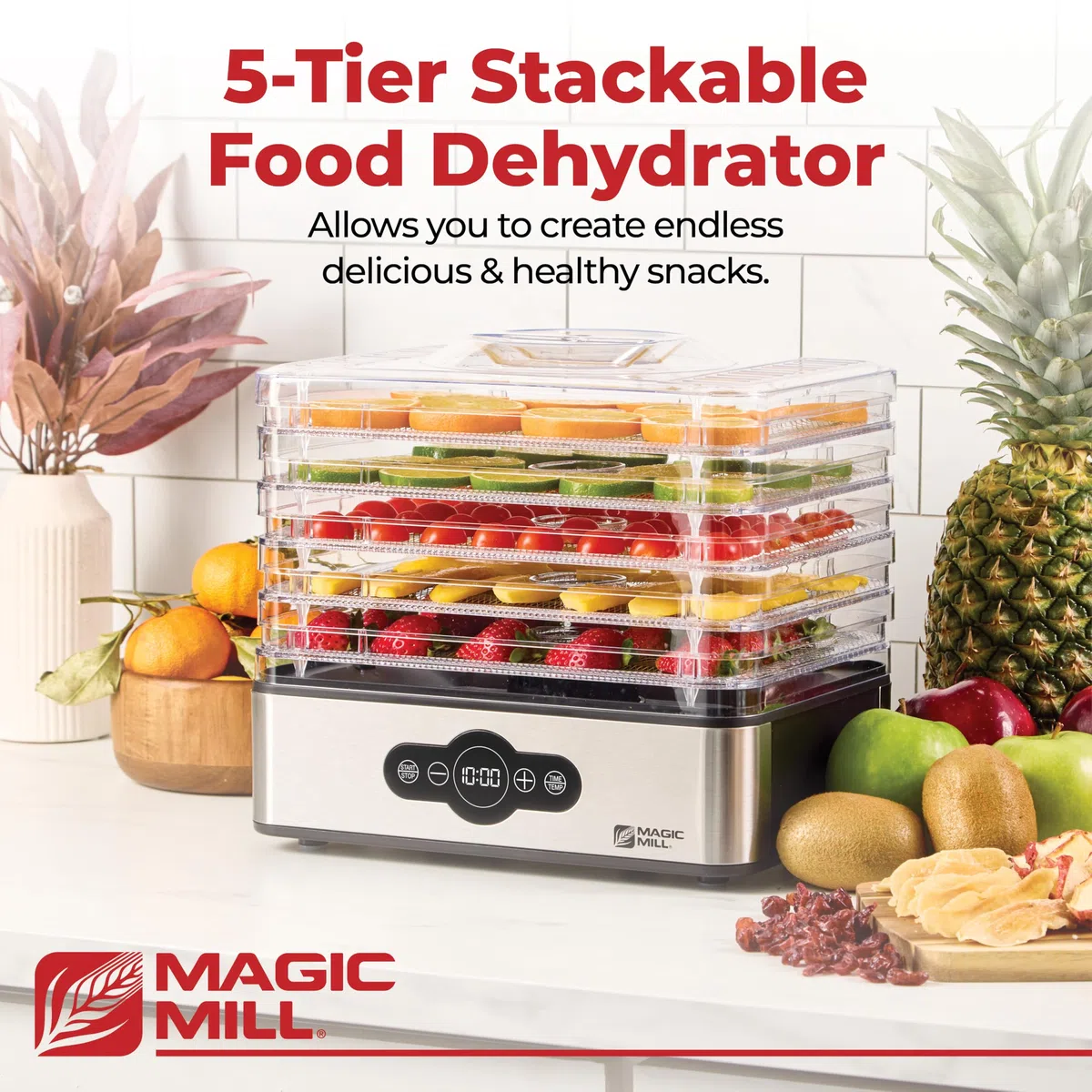 Molino Mágico| Máquina deshidratadora de alimentos | Secador Jerky de 5 bandejas apilables de acero inoxidable con temporizador digital ajustable y control de temperatura