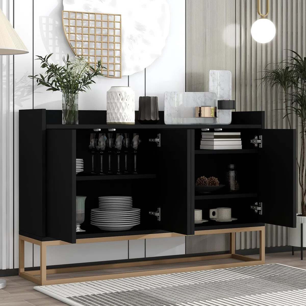 FEEOHOME - Aparador bajo, mueble de almacenamiento con patas de metal, mueble de cocina con 4 puertas y estantes ajustables, armario de cocina, 120 x 30 x 80 cm, para comedor, salón (Negro)