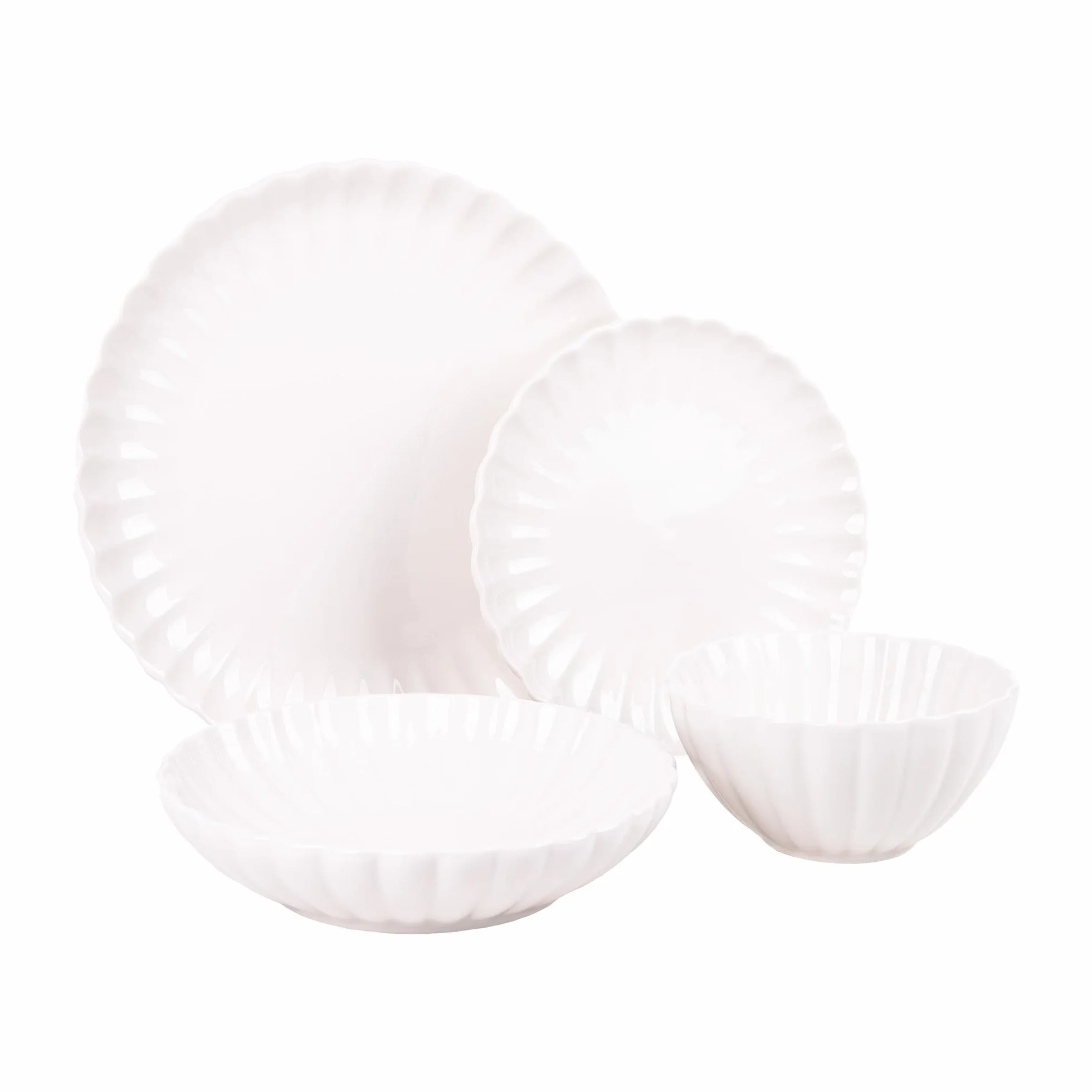 Cofan Vajilla de porcelana esmaltada | Juego de 16 piezas | Diseño en relieve | Color: blanco | Apta para lavavajillas, microondas y horno