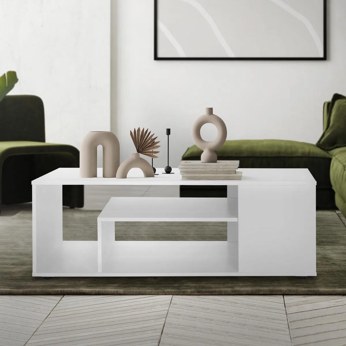 ML-Design Mesa de Centro Blanca 110x50x41 cm Aglomerado Revestido Mesita de Café Rectangular Moderna Mueble Auxiliar Versátil con 4 Estantes en 3 Niveles Mesa con Mucho Espacio de Almacenamiento