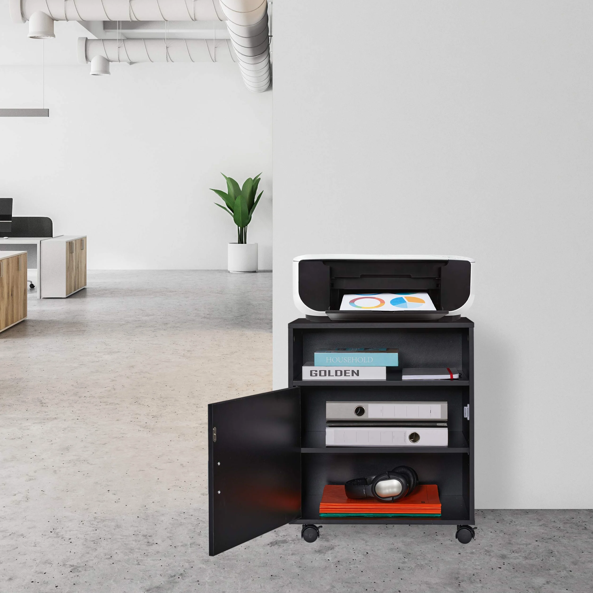 Relaxdays Mueble Auxiliar Impresora 3 Compartimentos y Puerta, Oficina y Teletrabajo, Ruedas, 57 x 48 x 34 cm, Negro