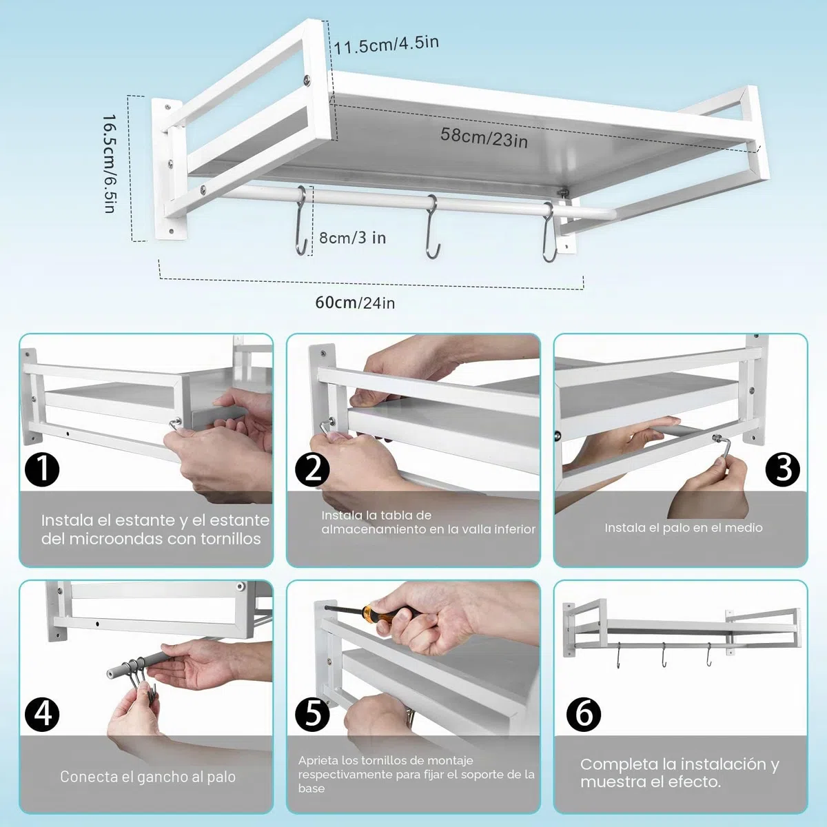 ABCOOL Estante de pared para horno microondas, soporte de encimera de acero al carbono blanco con riel de gancho y 3 ganchos deslizantes para cocina y hogar