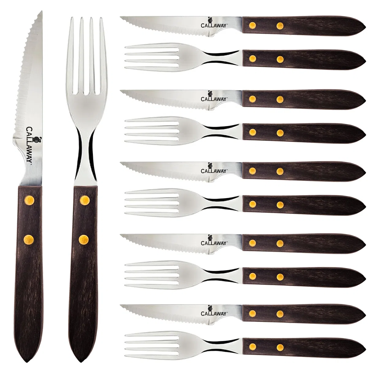 briebe Juego de Cubiertos Mango Madera Acero Inoxidable, Cuchillos Carne Mesa, Hoja Sierra, Tenedores, Set 12 Piezas, 6 Personas, Apto Lavavajillas, Hogar, Camping, Hoteles