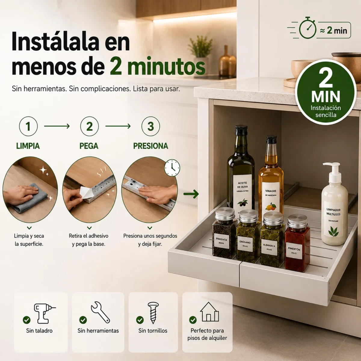 Cajones Extraibles para Cocina - Bandeja Extraíble Armario Cocina - Organizador Armario de Ancho Ajustable (32-52 cm) Para Almacenaje y Organizador en Hogar - Sin Taladrar (Blanco 52)