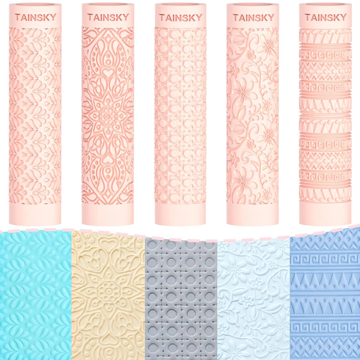 TAINSKY 5 rodillos de textura de arcilla polimérica, sellos de cerámica para aretes de arcilla polimérica, rodillos de textura de cerámica para hacer joyas #1