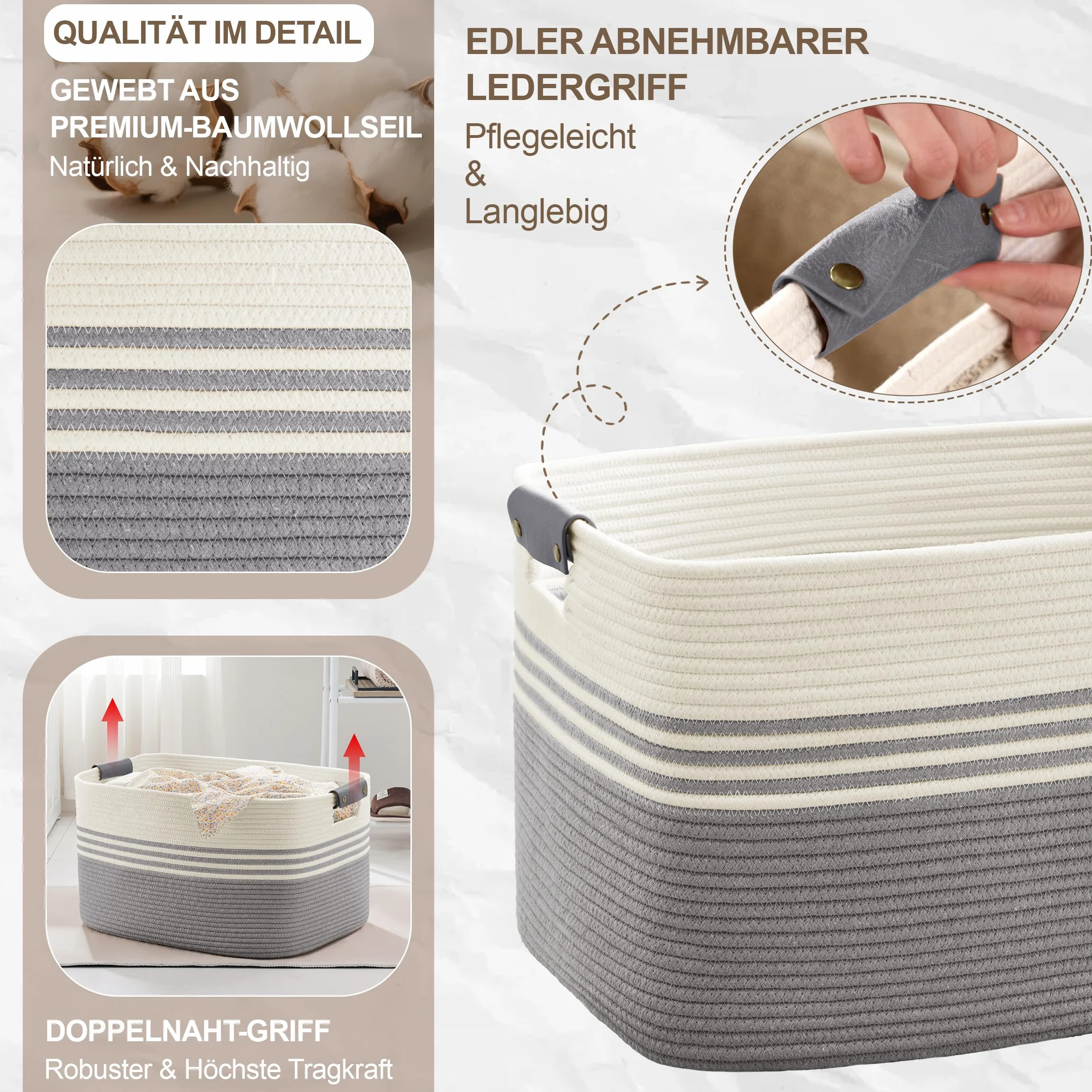 Cesto grande para ropa trenzado en cuerda de algodón, 86L, recipiente con asas de cuero, para mantas, ropa, juguetes, de lavandería para habitación infantil o salón, 60x40x36 cm, blanco y gris
