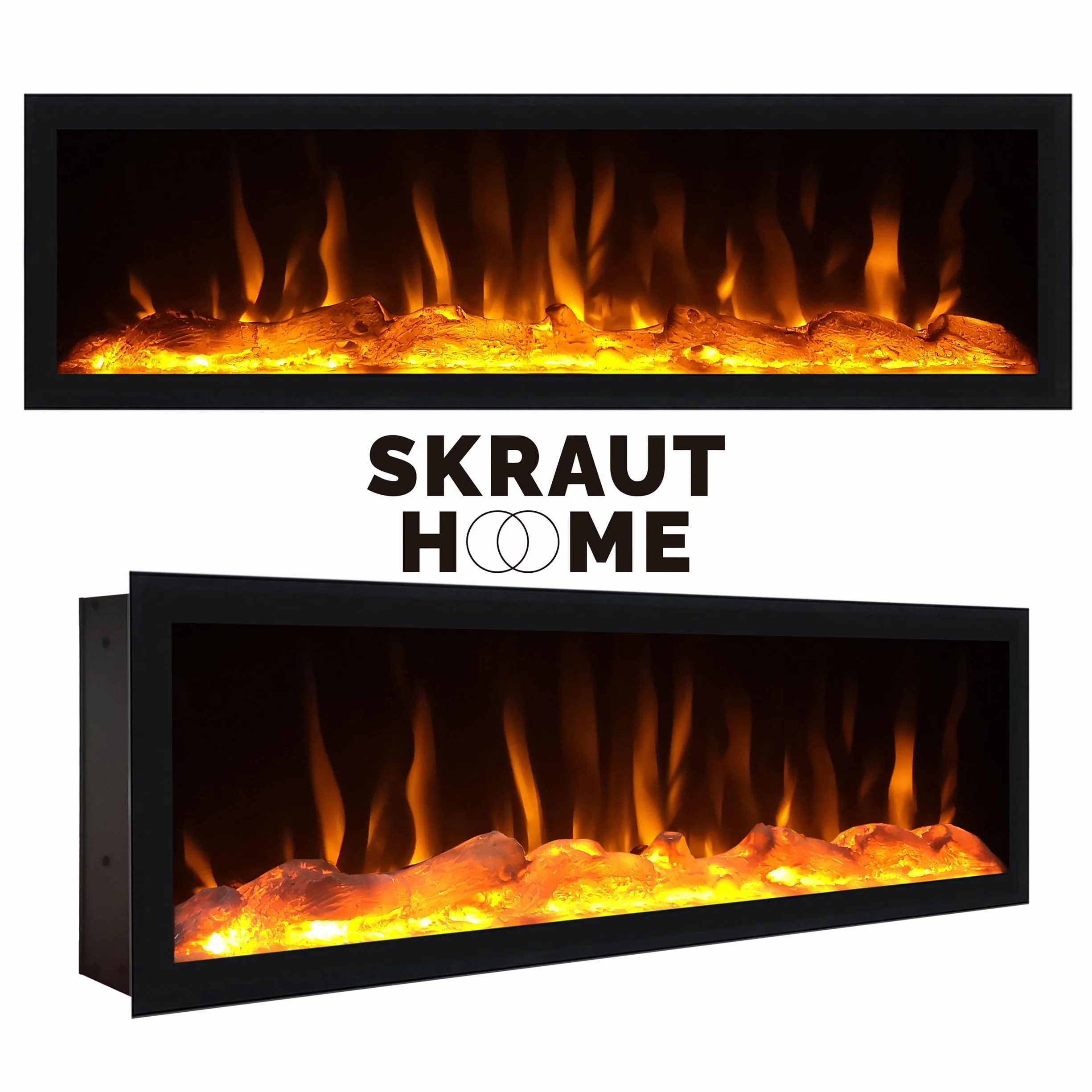 Skraut Home | Mueble TV | Muebles de salón, almacenaje | 315x50x35 cm | para televisión hasta 80" | Chimenea eléctrica XXL | Colgado, Suspendido | LED | Estilo Moderno | Blanco y Roble Soft