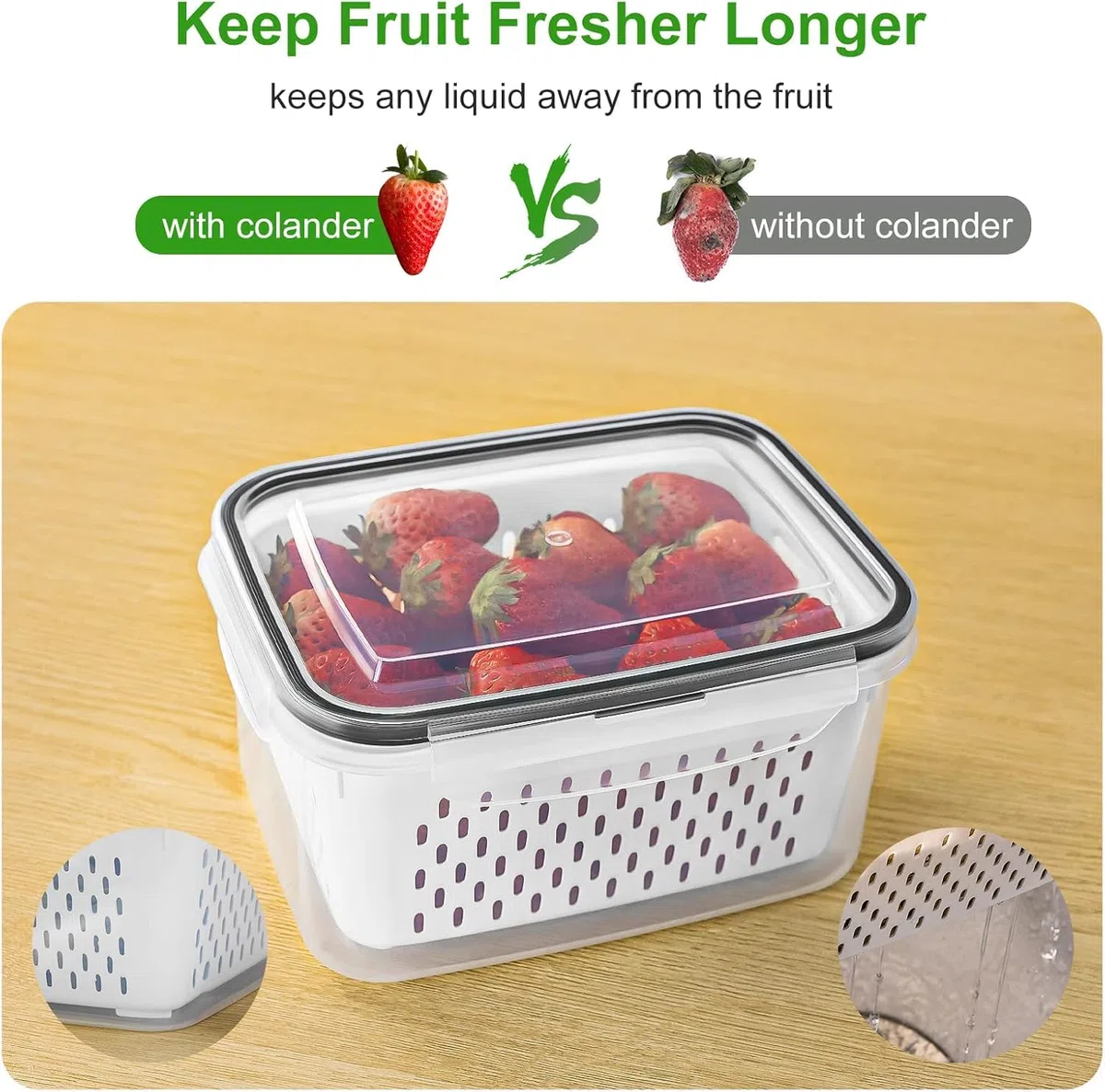 5 recipientes de almacenamiento de frutas para refrigerador con colador extraíble y juego de picador, recipientes de almacenamiento de alimentos a prueba de fugas con tapas, aptos para lavavajillas y