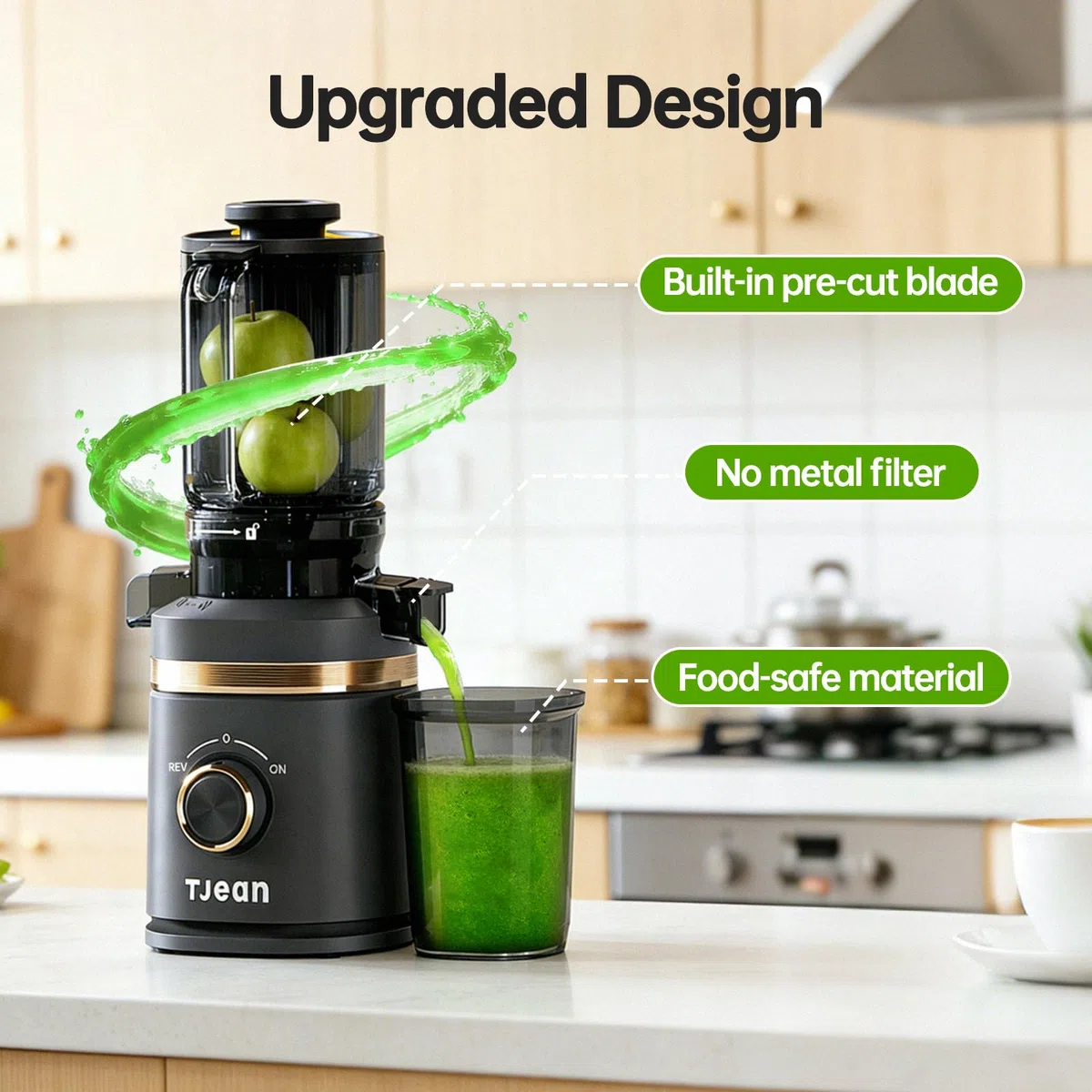 TJean Exprimidor de Prensado Lento con Tolva de Alimentación de 110mm para Verduras y Frutas Enteras, Alto Rendimiento de Jugo, Bajo Consumo Energético, Fácil de Limpiar, Material Tritan sin BPA