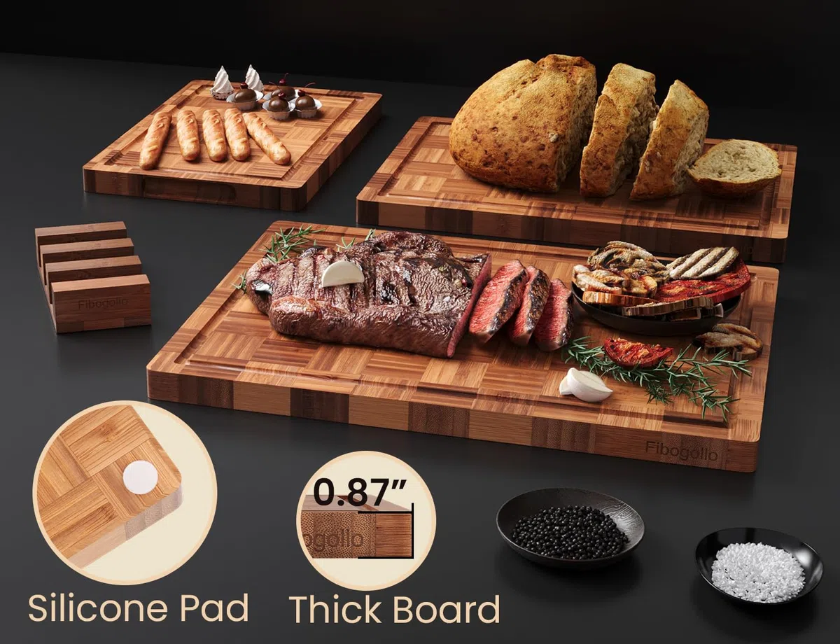 Fibogollo Juego de 3 tablas de cortar de bambú, versión mejorada de lujo, tabla de cortar para cocina, tablas de cortar de madera con ranura para jugo, juego de tabla de servir con soporte para carne,
