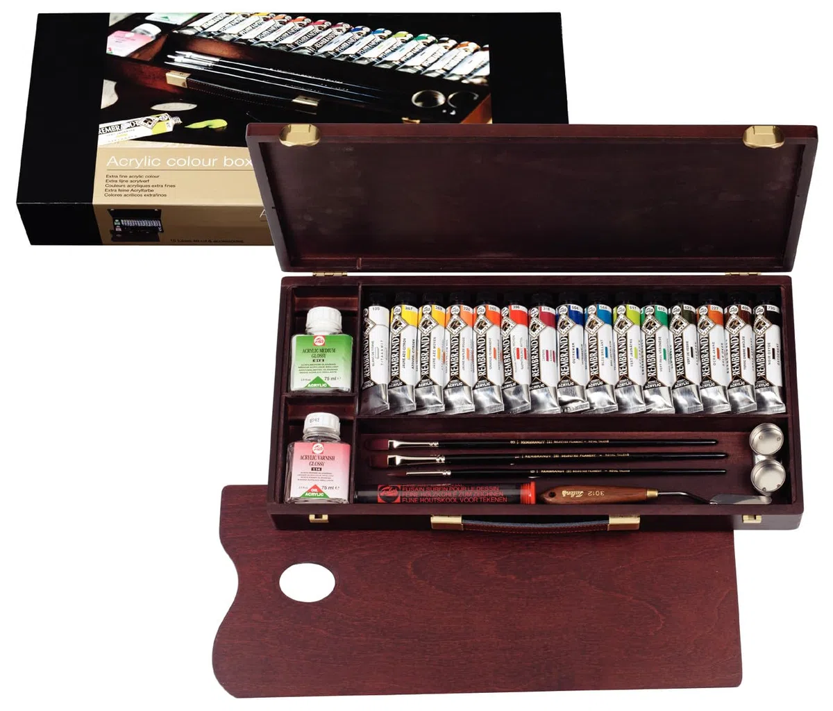 Rembrandt Estuche de pintura acrílica profesional caja de madera de lujo Profesional | 15 tubos (40 ml) + pinceles y accesorios