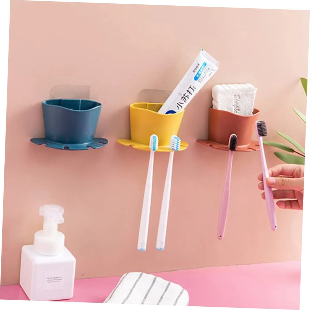 PRETYZOOM 9piezas Soporte De Cepillos De Dientes Multifuncional Estante De Almacenamiento De Autoadhesivo para Baño Diseño Sin Perforación Naranja Azul Oscuro Rosa
