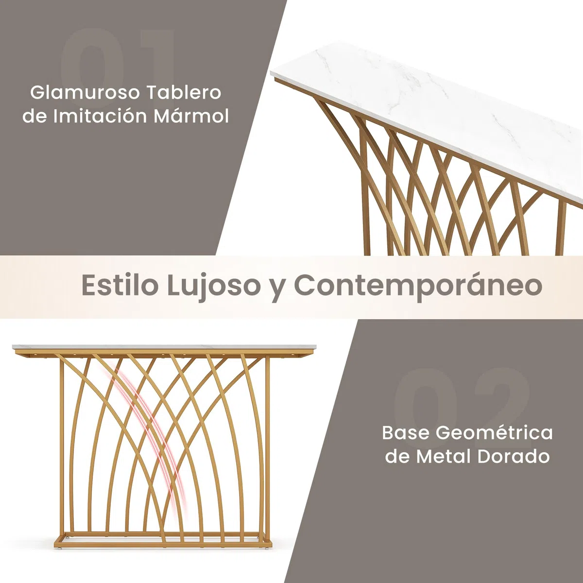 COSTWAY Mesa de Consola, Mesa de Entrada Dorada con Tapa de Mármol Blanco, Base de Diseño Geométrico, Mueble Recibidor para Sofá, Sala de Estar, Pasillo, Capacidad Máx de 20 kg, 30 x 120 x 80 cm