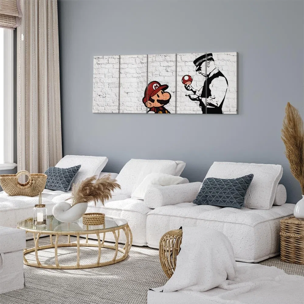 murando Cuadro en Lienzo Banksy Mario 225x90 cm Impresión de 5 Piezas Material Tejido no Tejido Impresión Artística Imagen Gráfica Decoracion de Pared Street Art Urban Mural i-C-0112-b-m