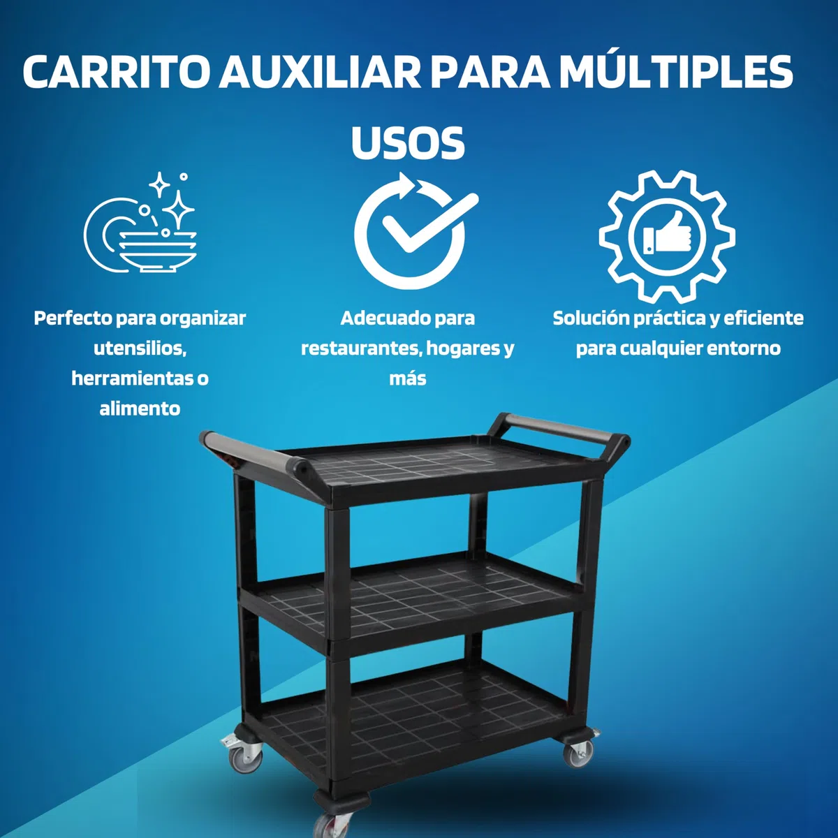 Carro De Servicio De 3 Niveles - Carrito Auxiliar Con Ruedas Para Cocina, Hostelería Y Hogar - Capacidad De Carga De 70 Kg Por Estante, Fácil Limpieza, Montaje Rápido, Material Resistente De Polipropi