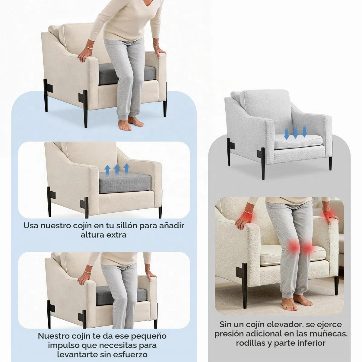 LIROPAU Juego de 2 cojines de asiento para silla, cojines de espuma viscoelástica de doble capa, cojín elevador, cojín grueso para tumbonas, sofás, sillones, extraíbles, 50 x 50 x 12,7 cm, gris