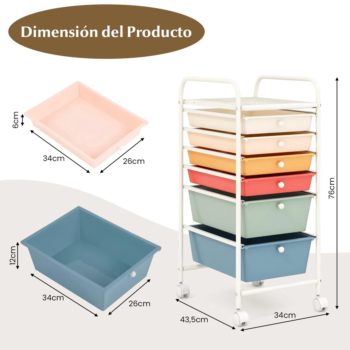 GIANTEX Carro de Almacenamiento con 6 Cajones, Cajonera con 4 Ruedas(2 con Frenos), Tablero y Marco de Metal, Cajones Plásticos, Carrito Auxiliar para Oficina, Dormitorio, Baño (Macaron)
