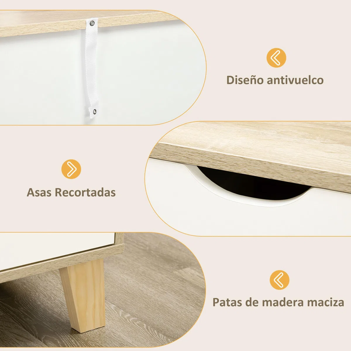 HOMCOM Cómoda con 6 Cajones Cajonera de Armario Mueble Organizador con Cajones para Cocina Dormitorio Salón Estudio Estilo Moderno Antivuelco 120x40x76 cm Natural y Blanco