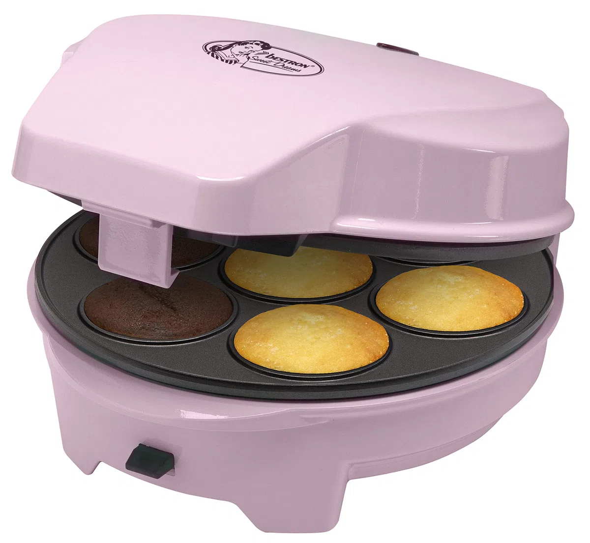 Bestron Máquina para Donuts 3 en 1 Diseño Retro con 3 Placas Intercambiables para Donuts, Muffins y Cake Pops, Antiadherente, 700 W, Ahorro de Espacio, Rosa, ASW238P