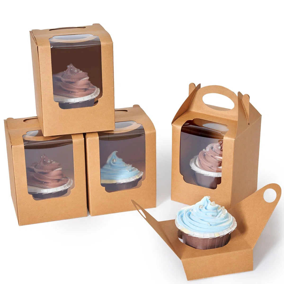 M1NIU50 - Cajas para magdalenas, 50 unidades, soporte individual para cupcakes, color marrón con inserto de ventana y asa, contenedores de pastelería, contenedor individual para envolver