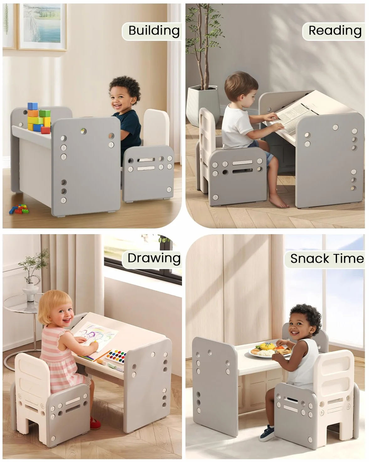 Mesa y Silla para Niños, Mesa de Actividades con Superficie Inclinada para Dibujar, Leer, Escribir y Jugar(Gris)