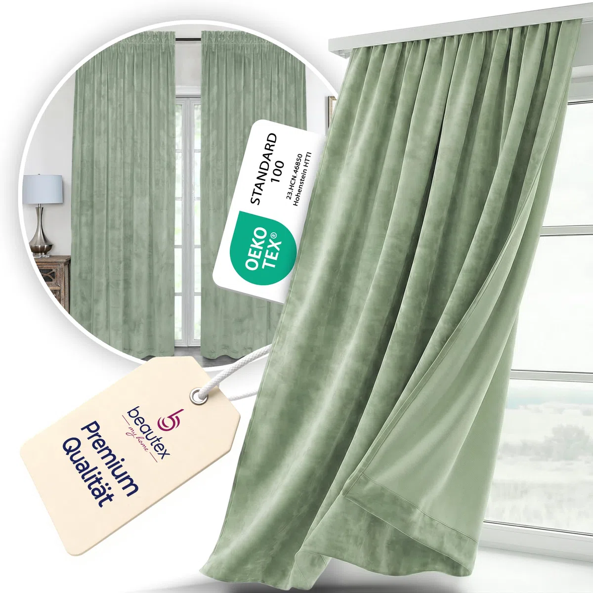 BEAUTEX Cortina de terciopelo con cinta fruncidora en U, opaca, 300 x 245 cm (ancho 300 cm, alto 245 cm, verde claro)