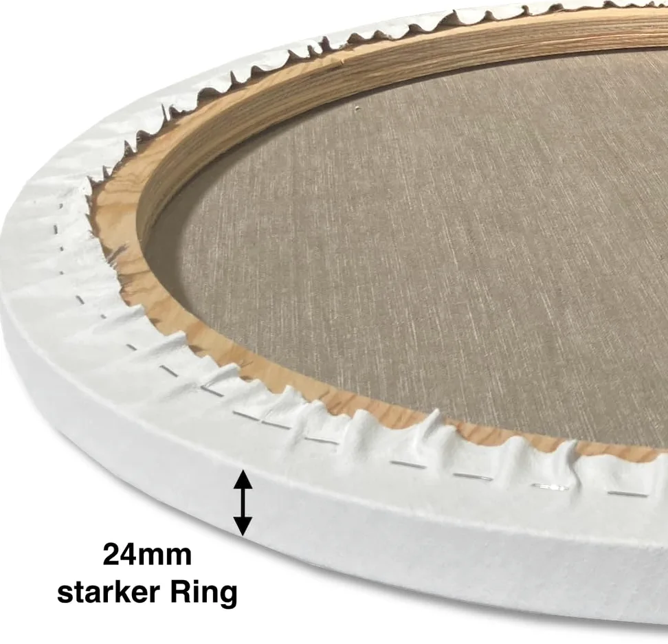 Bastidor de lienzo redondo de 70 cm tensado con tejido de lino de 400 g/m² imprimado. Fabricado en Alemania.