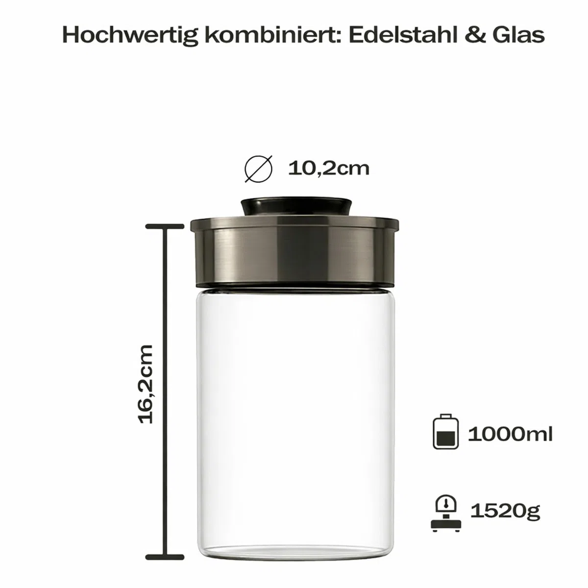 BURI Juego de 6 tarros de cristal de 1000 ml, herméticos con tapa de acero inoxidable y cierre de clic, apilables, aptos para lavavajillas, para cocina, almacenamiento de alimentos