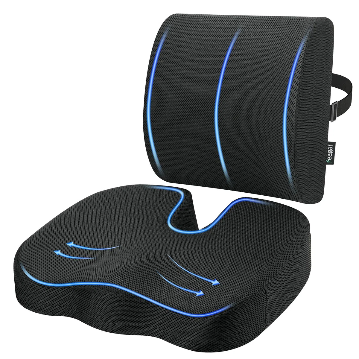 Feagar Set Cojín Coxis y Soporte Lumbar Ergonómico de Espuma Viscoelástica | Funda Transpirable Lavable, Alivio De Espalda Y Comodidad Para Silla De Oficina, Asiento De Coche, Silla De Ruedas Y Gaming