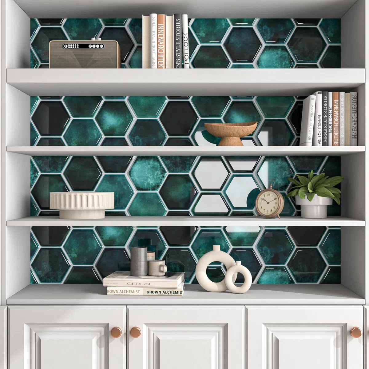 Decotalk Pegatinas para Azulejos Autoadhesivas Geométricas Verde Hexagonal 30.5X30.5cm 15 piezas, Azulejos Adhesivos para la Cocina