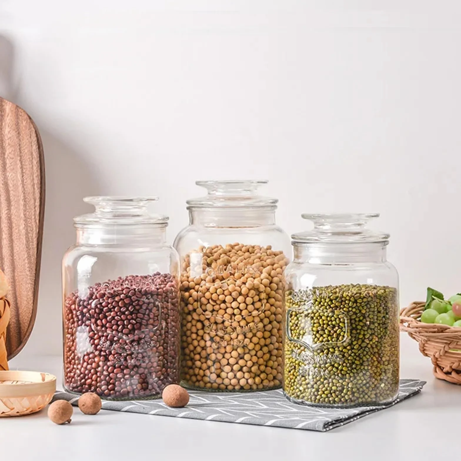 Tarro de almacenamiento para cocina, Frasco sellado de vidrio transparente, botella almacenamiento alimentos multigrano, frutos secos, nueces, varios tamaños, 2 uds(S)