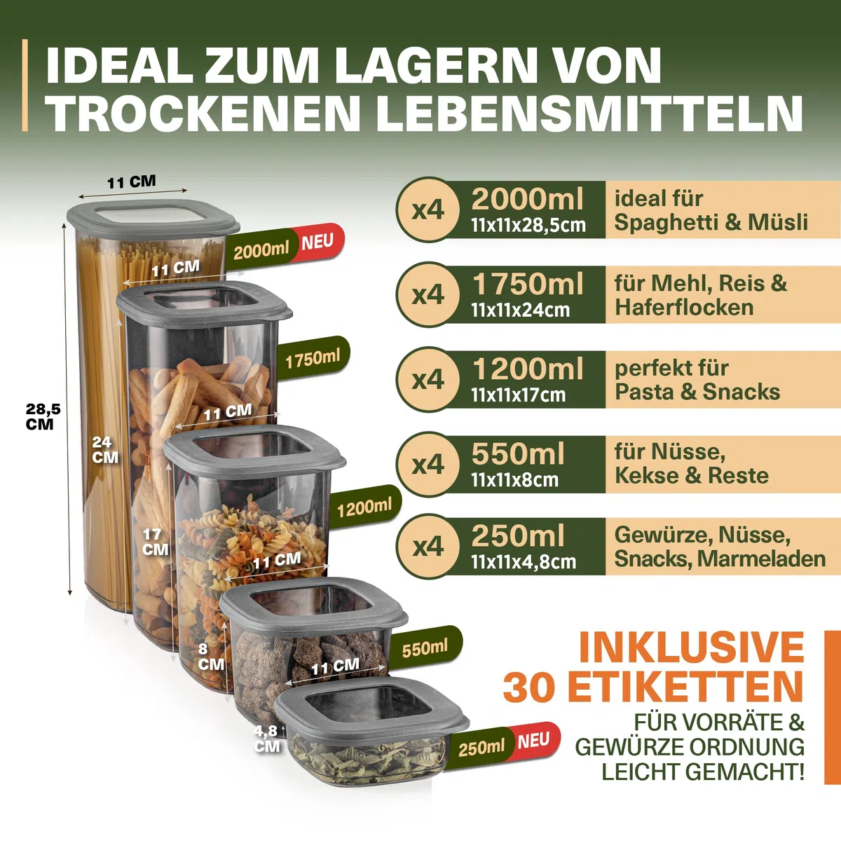 Viwares Juego de 25 recipientes de almacenamiento con tapa, herméticos, sin BPA, para cereales, harina, cocina, práctico organizador de cocina, recipientes para almacenamiento de alimentos