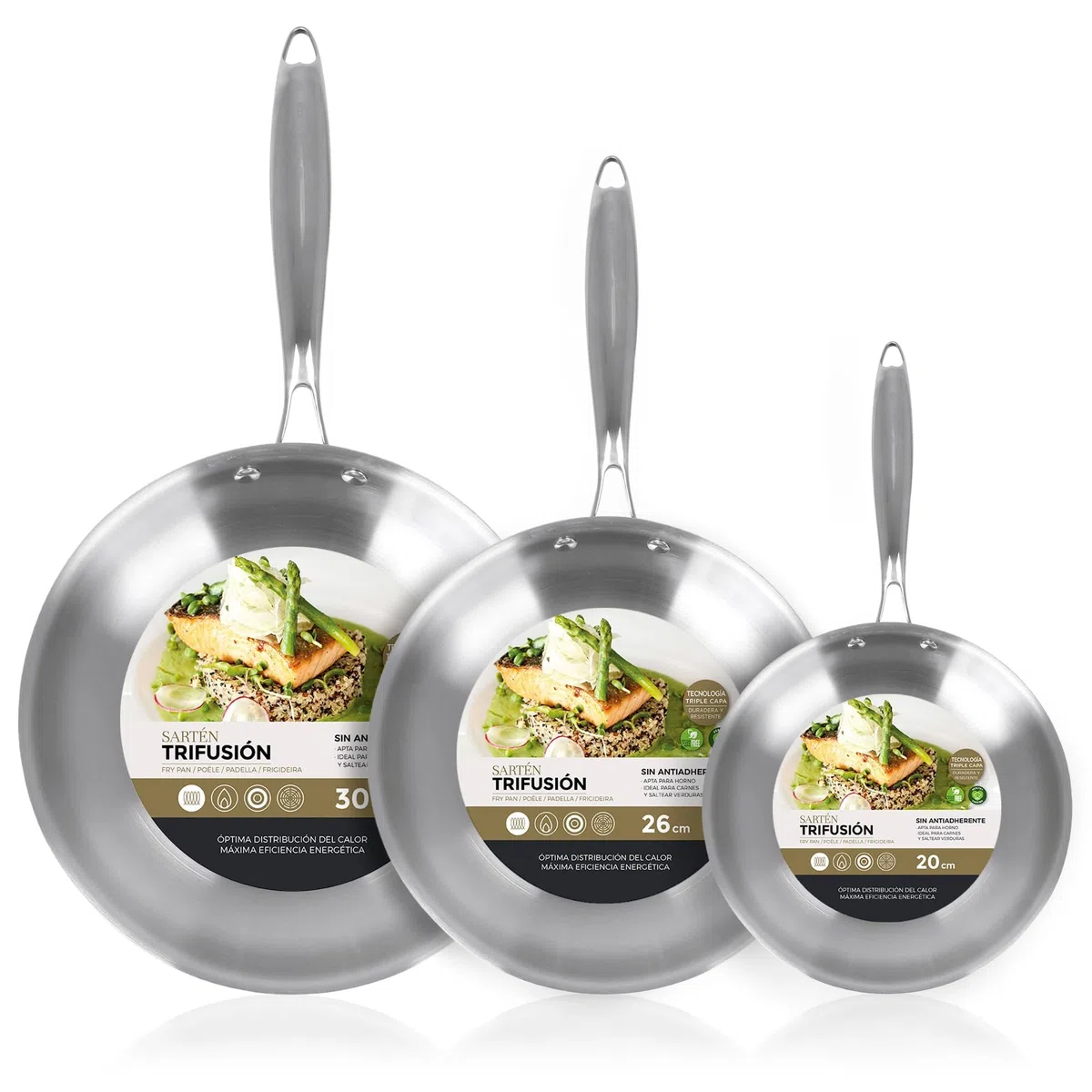 Santa Clara | Juego de Sartenes Acero Inoxidable 18/10 Trifusión 20-26-30 cm, Set de 3 Piezas Sin Revestimiento, Apta para Inducción, Horno, Gas y Vitro, Cocina Saludable y Libre de Tóxicos
