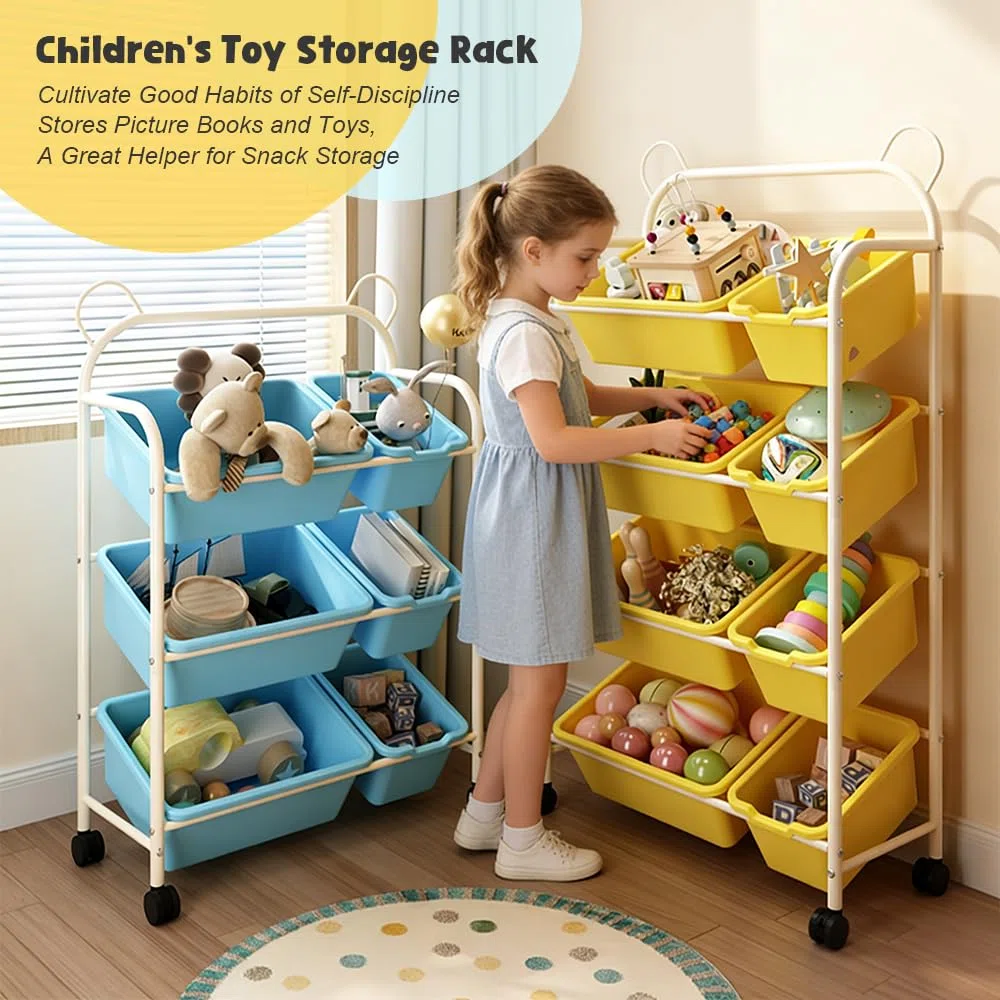 Organizador de Juguetes Infantil con Ruedas, 8 Cajas Amarillas Extraíbles, 4 Niveles, 63x28.5x122.5cm, Diseño de Orejas de Oso, Almacenamiento para Habitación Infantil (4 Tier)