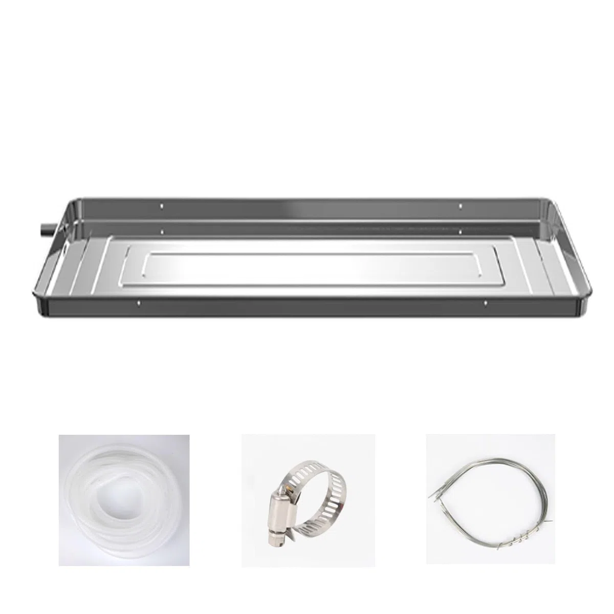 Kit universal de bandeja de goteo de aire acondicionado, bandeja de condensado de acero con tubo de drenaje para acondicionadores de aire divididos y bombas de calor, manguera de 5 m incluida, color
