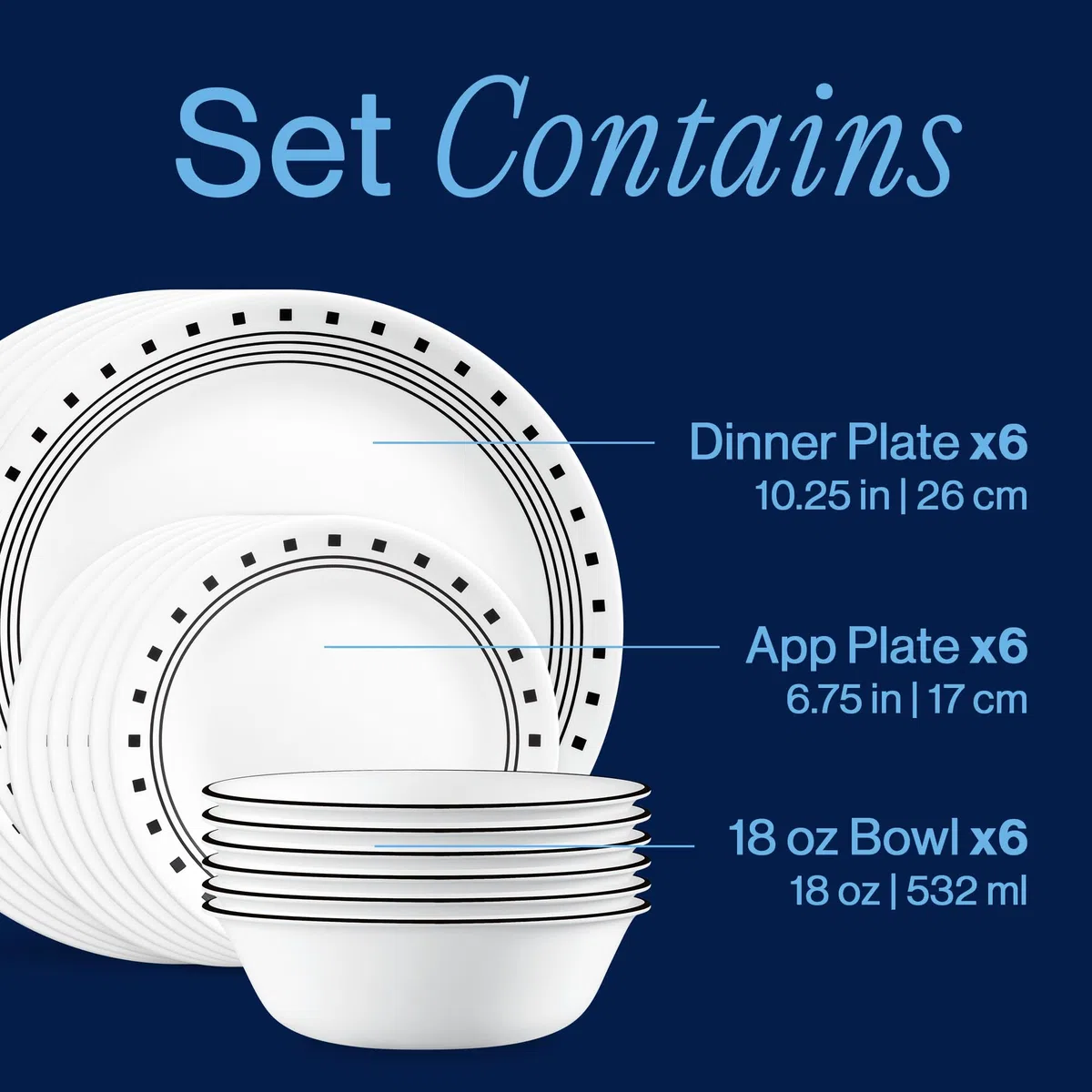 Corelle Juego de vajilla de 18 piezas, bloque de ciudad, servicio en blanco y negro para 6, vajilla resistente a las astillas, incluye platos llanos de 26 cm, platos de ensalada de 17 cm y cuencos de
