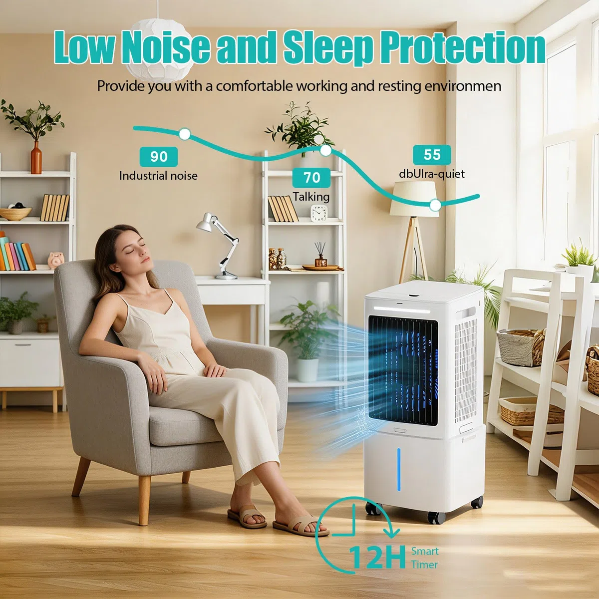 Enfriador de Aire Sin Tubo Depósito Extraíble 25L, 3 en 1 Climatizador Evaporativo Silencioso, 24 Velocidades, Temporizador 12H, Mando, 6 Bloques de Hielo para Casa