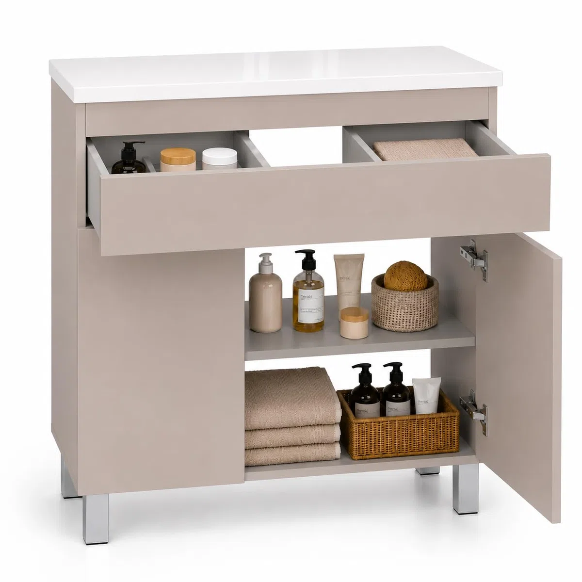 Mueble de baño Ariza Top, suspendido, 80 cm de Ancho, sin Lavabo, con cajón, para lavabos de sobre encimera - Cachemira Mate