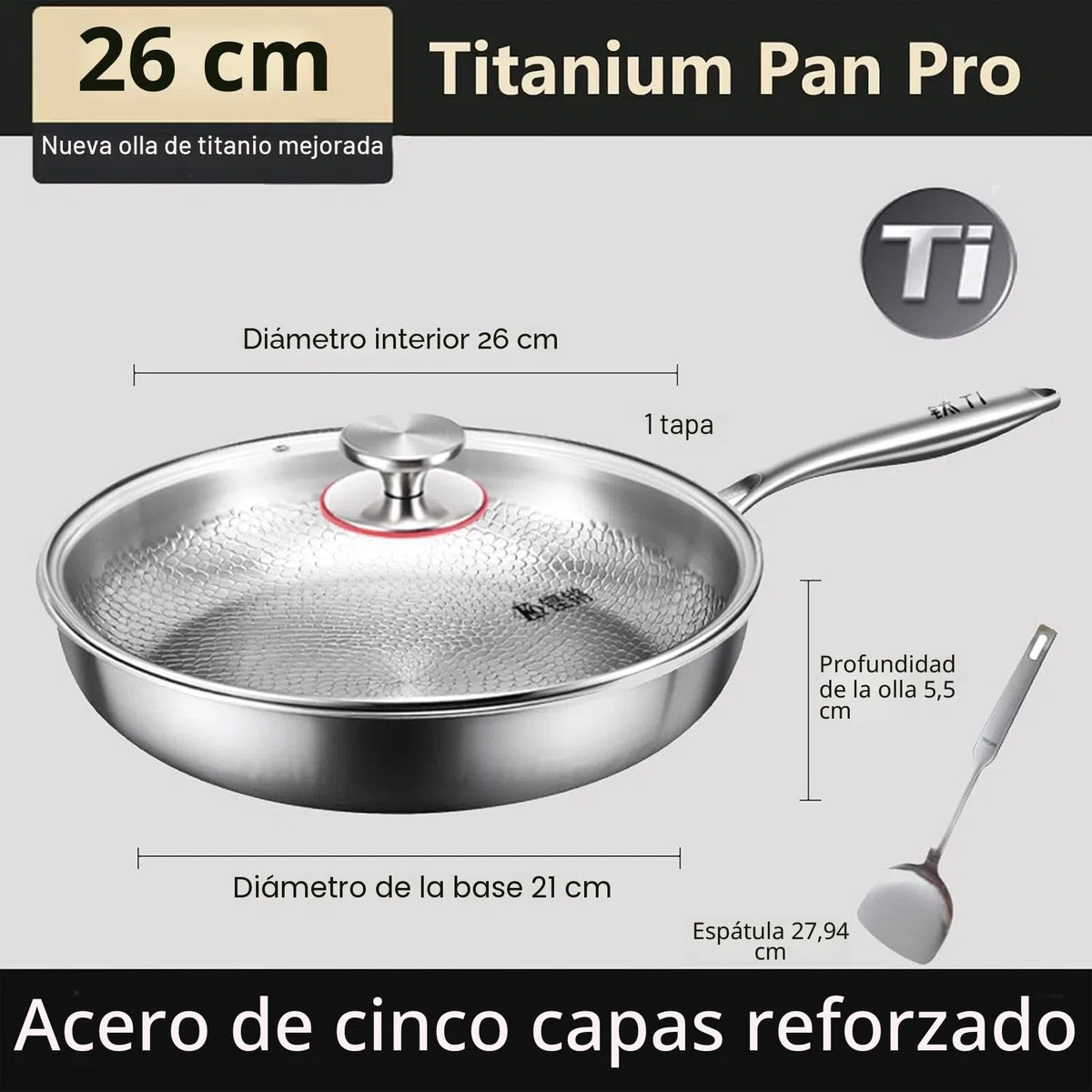 Sartén de titanio puro, sartenes de titanio puro martillado para cocinar, resistente a los arañazos, antiadherente, apta para lavavajillas, sartén martillada con tapa, compatible con todas las placas