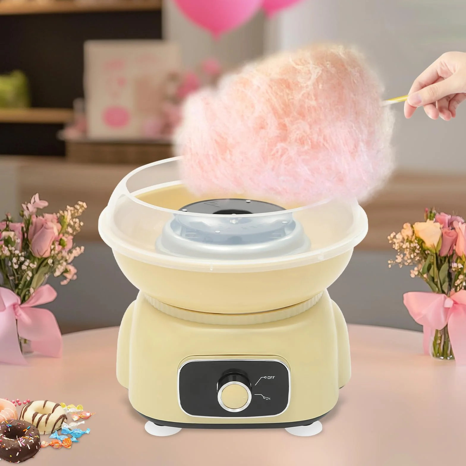 Máquina de algodón de azúcar con 10 varillas y cucharas medidoras, 500 W Cotton Candy Machine para fiestas en casa (amarillo)
