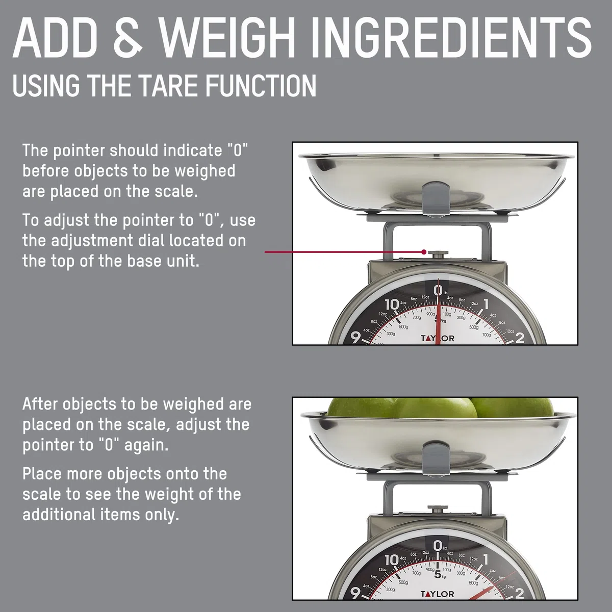 Taylor Precision Products Mechanical Kitchen Weighing Food Scale Weighs up to 11lbs, Measures in Grams and Ounces