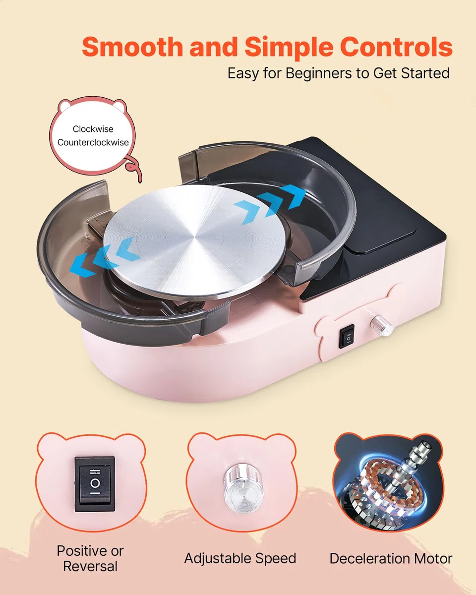 VEVOR Mini Torno de Cerámica, Plato Giratorio de 158 mm Rotación Hacia Adelante/Atrás Velocidad Ajustable, Torno de Arcilla Eléctrico con Herramientas para Moldear Arcilla para Niños Adultos, Rosa