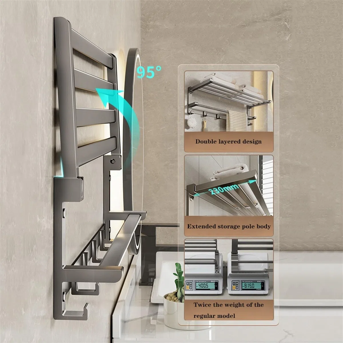 LUUYYI Estante de baño para baño, toallero de acero inoxidable con barra de toalla y ganchos, estante plegable montado en la pared, estantes flotantes negro/gris (gris pistola, M)